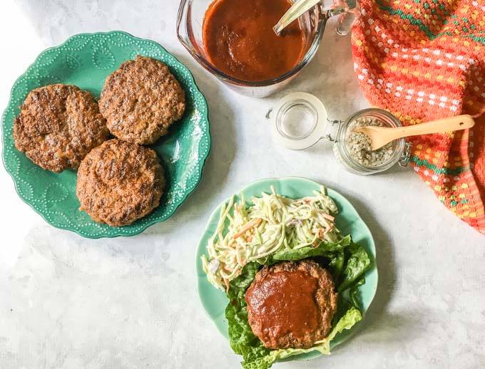 These low carb barbecue rib burgers are perfect for a summer dinner on the grill. A beef and pork burger rubbed with lots of spices and topped with a delicious low carb barbecue sauce. 