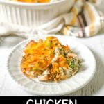 baking dish and white plate with low carb chicken broccoli casserole with text overlay