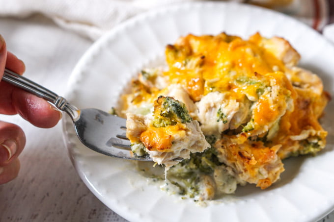 forkful of low carb chicken and broccoli casserole