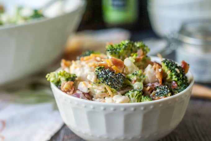 This low carb loaded broccoli cauliflower salad is a great dish to take to a summer picnic or party. Easy to make and only 1.9g net carbs per serving!
