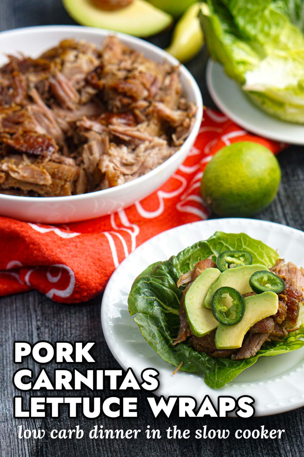 Closeup of a white plate with a lettuce wrap made with slow cooker pork carnitas which are in the background and text overlay.