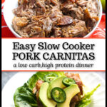 Closeup of a white plate with a lettuce wrap made with slow cooker pork carnitas which are in the bowl above and text overlay.