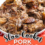 White bowl with the low carb slow cooker pork carnitas lettuce wraps and text overlay.