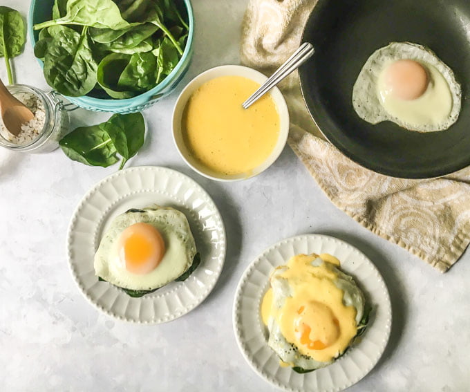 These portobello eggs with hollandaise sauce are a delicious low carb breakfast or lunch. Meaty portobellos, garlicky spinach and a sunny side up egg, topped with a rich and delicious hollandaise sauce. 
