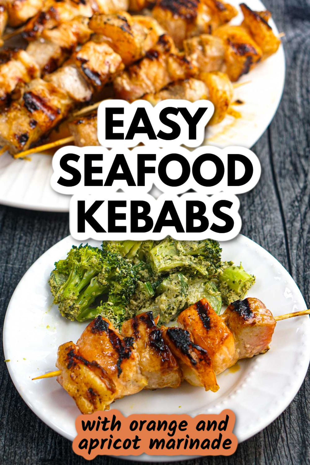 White plate with a seafood kebab and a serving of pesto broccoli and the platter in the background and text.