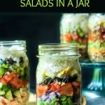 low carb cauliflower rice salads in jars with text