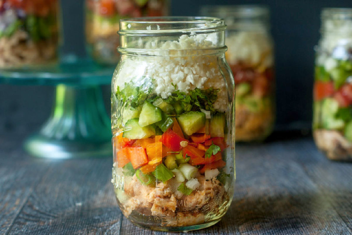Closeup of a Asian salad meal prep jar.