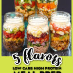 5 different flavored keto mason jar salads and text overlay.