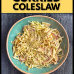 Aerial view of a aqua bowl with the radish and cabbage curried coleslaw and text.