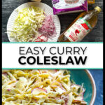 Ingredients and an aqua bowl with the radish and cabbage curried coleslaw and text.