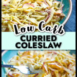 Aqua bowls with the radish and cabbage curried coleslaw and text.