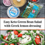 ingredients and bowl with Greek green bean salad recipe and text