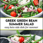 white bowl and plate with Greek green bean salad recipe and text