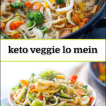 bowl and pan with keto lo mein using veggie noodles and text