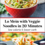 bowl with keto lo mein using veggie noodles and text