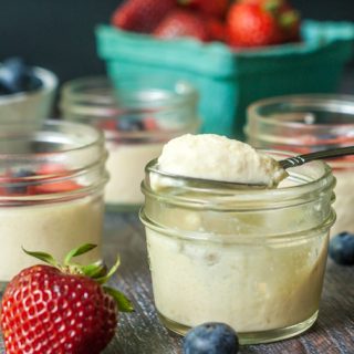 This patriotic low carb vanilla mousse is a breeze in the Instant Pot. Decorated with strawberries and blueberries, these cute little jars only have 2.5g net carbs!