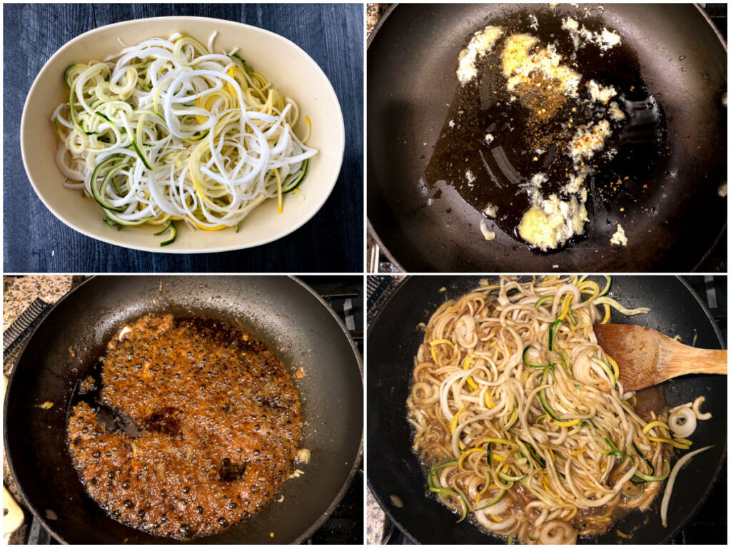 collage of pans with steps to make vegetable lo mein