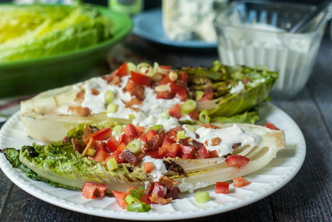 This grilled Romaine wedge salad is a fun and light summer dinner and tastes great with the low carb blue cheese dressing! Only 1.2g net carbs for 2 tablespoons of this yummy dressing.