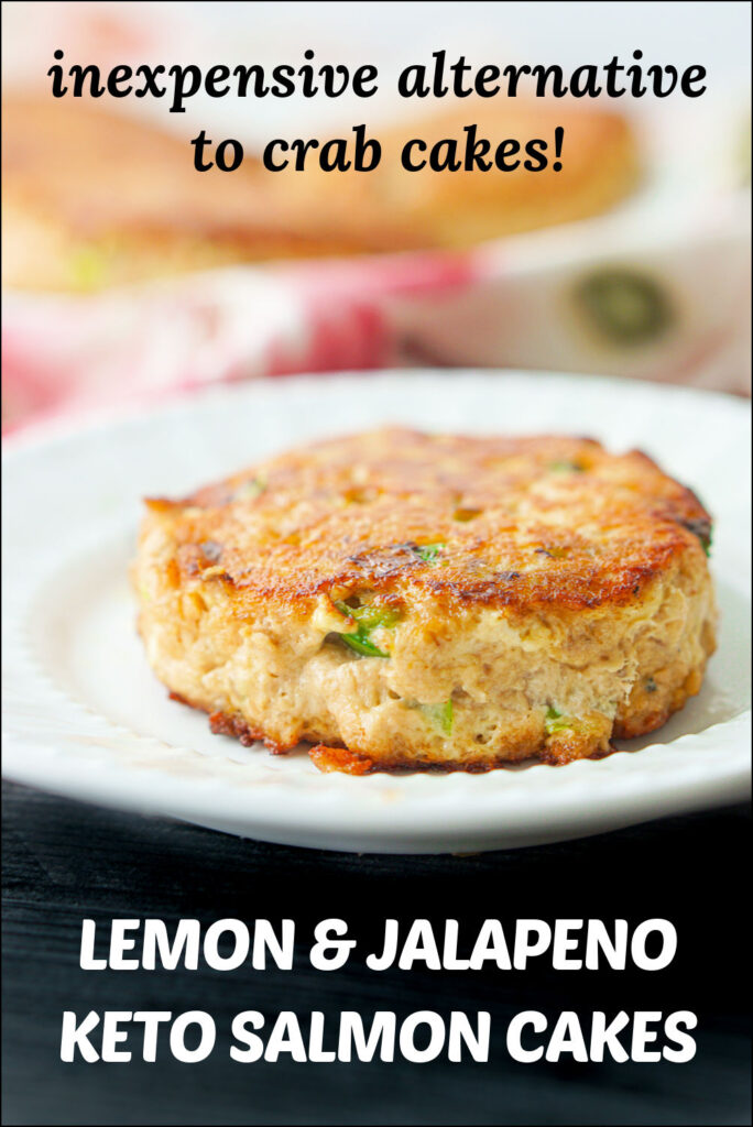 white plate with salmon cakes and fresh lemon and jalapenos with text