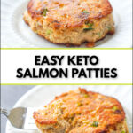 white plate with salmon cakes and fresh lemon and jalapenos with text