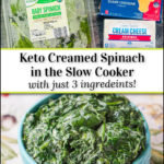 ingredients and cheesy spinach in a blue bowl and text