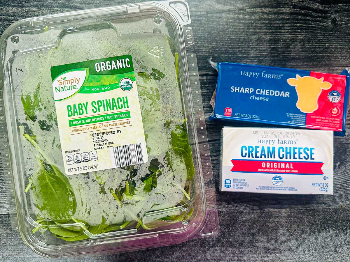 recipe ingredients - baby spinach, cheddar cheese and cream cheese