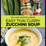 Ingredients and white bowl with Thai curry creamy zucchini soup and text overlay.