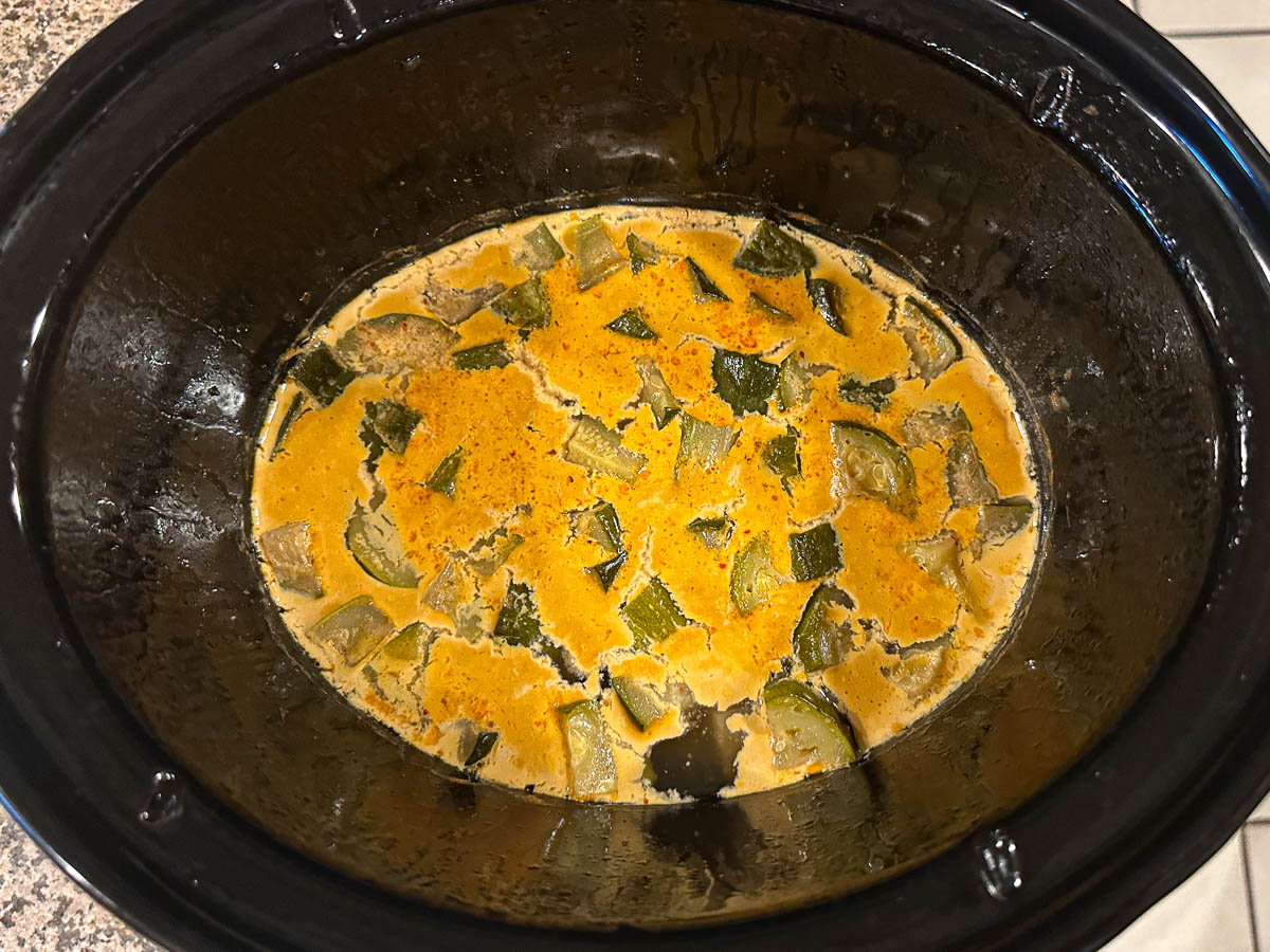 Slow cooker crock with the finished soup before blending.