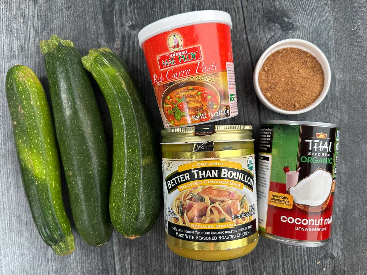 Thai Curry Zucchini Soup - you can make this tasty soup in the Instant Pot or slow cooker. A great way to use all that zucchini from the garden. Five simple recipe ingredients - zucchini, coconut milk, red curry paste, better than bouillon and brown sugar sweetener.
