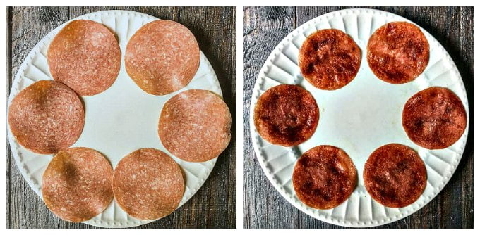 These low carb salami tostadas are a delicious snack and only take 5 minutes to make.  Just 1 tostada has only 0.6g net carbs and makes a great appetizer too!
