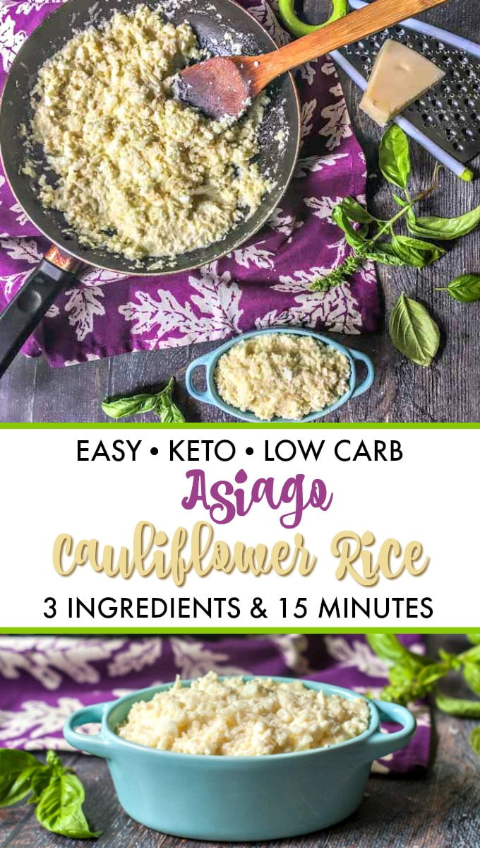 skillet and blue bowl with asiago keto cauliflower rice with text overlay