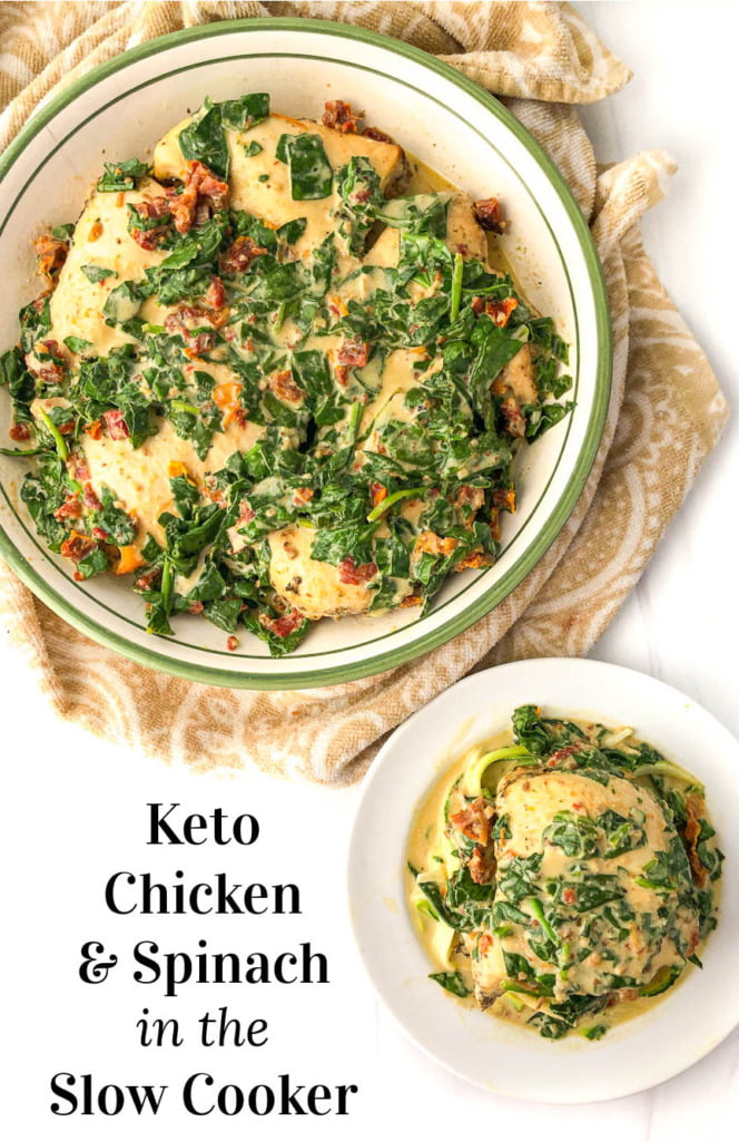 aerial view of a large bowl and white plate with creamy spinach chicken dish with text