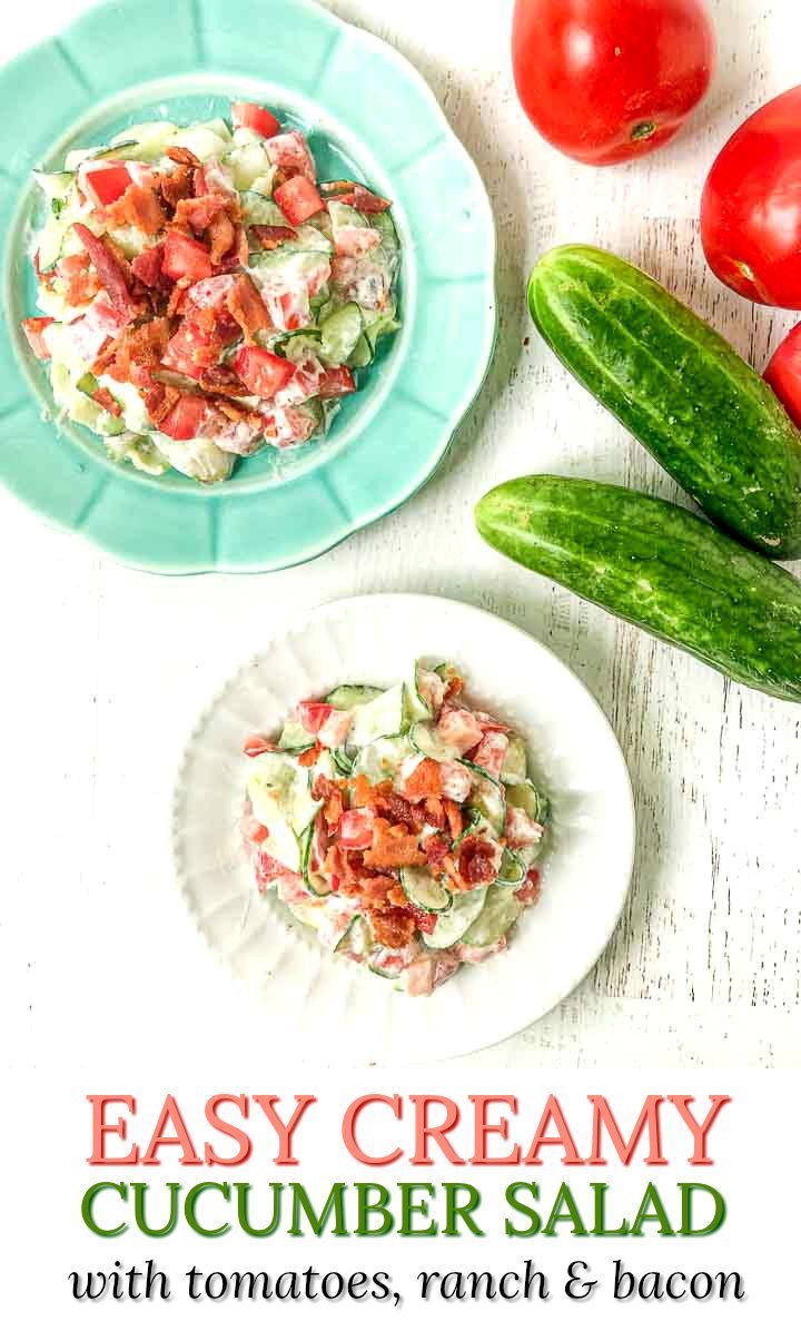blue plate with creamy cucumber salad with bacon and text overlay
