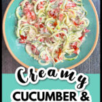 Closeup of an aqua plate with a serving of creamy cucumber salad with tomatoes, ranch and bacon and text.