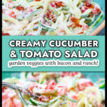 Closeup of an aqua plate with a serving of creamy cucumber salad with tomatoes, ranch and bacon and text.