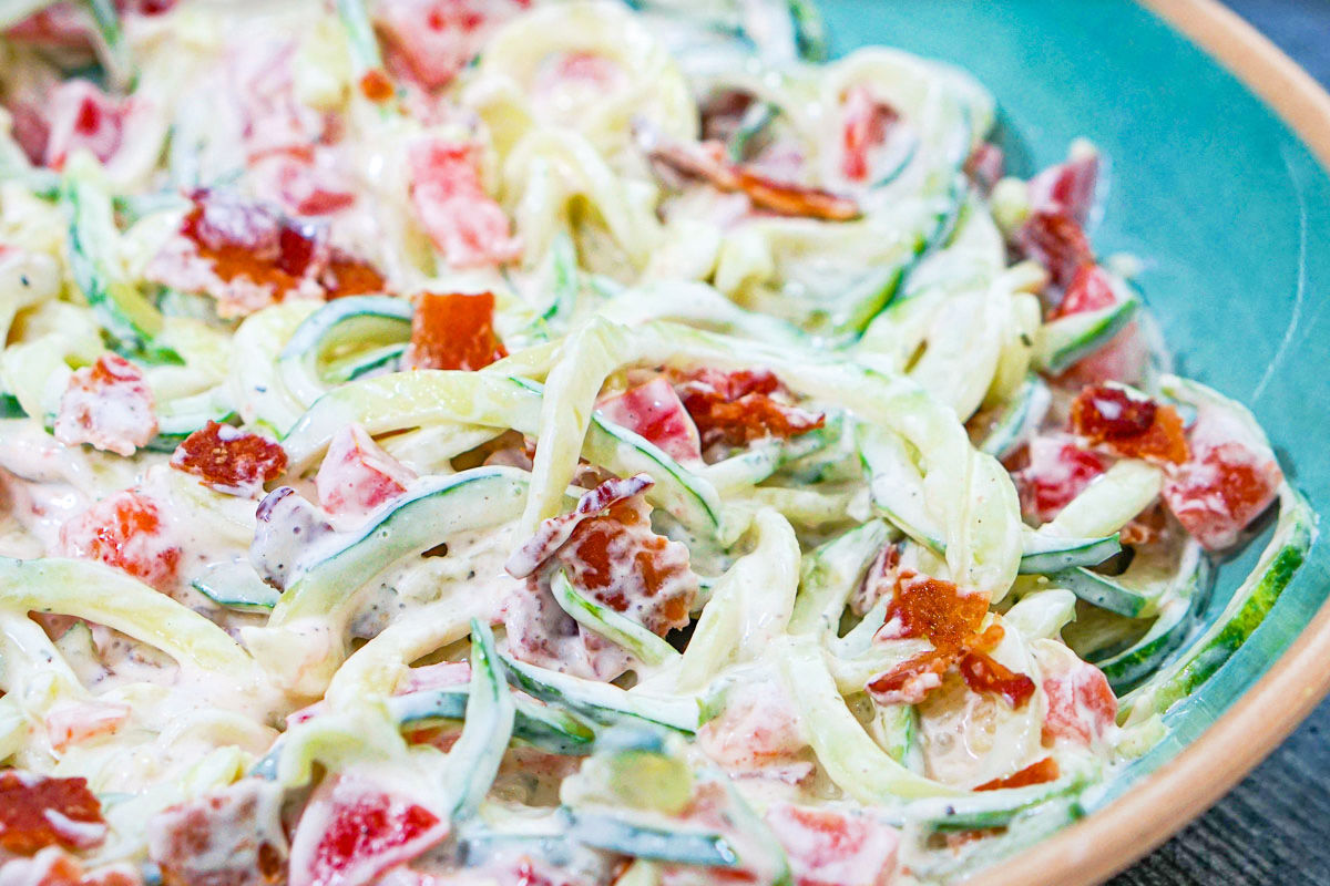Closeup of the creamy cucumber noodle salad.