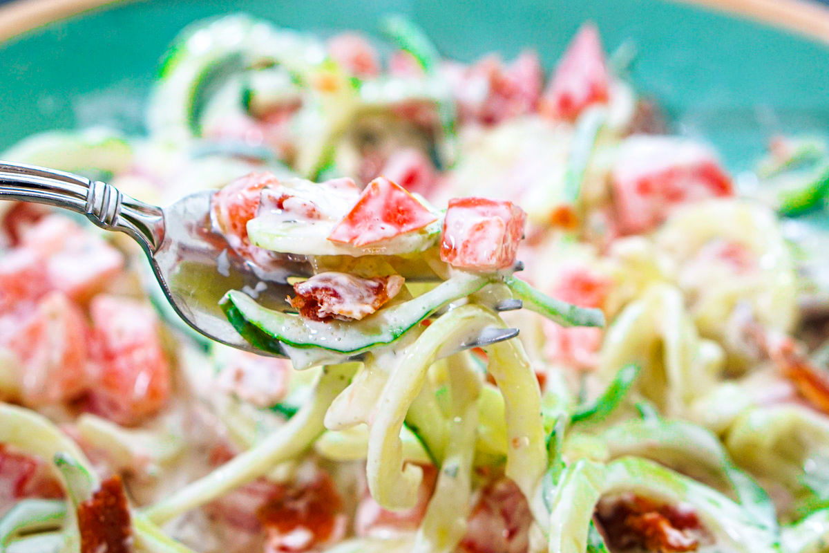 A forkful of the creamy cucumber noodles.