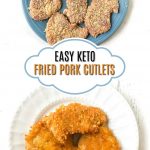 white platter with keto fried pork cutlets with floral cloth and text overlay