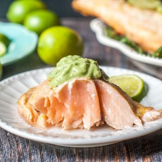 This lime margarita grilled salmon is a delicious and simple low carb dinner. The garlicky avocado mayo goes perfectly with the tangy lime infused salmon and has only 1.5g net carbs per serving.