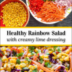 closeup of white bowl with rainbow salad and ingredients with text