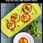 Aerial view of the green platter and white plate with the 5 minute keto salami tostada bites and text.