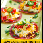 Closeup of a green platter with keto salami tostada bites and text.