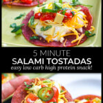 Closeup of a green platter with keto salami tostada bites and text.