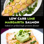 White platter and plate with margarita salmon and parsley sprigs and text overlay.