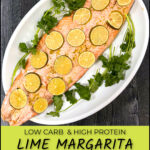 White platter with margarita salmon and parsley sprigs and text overlay.