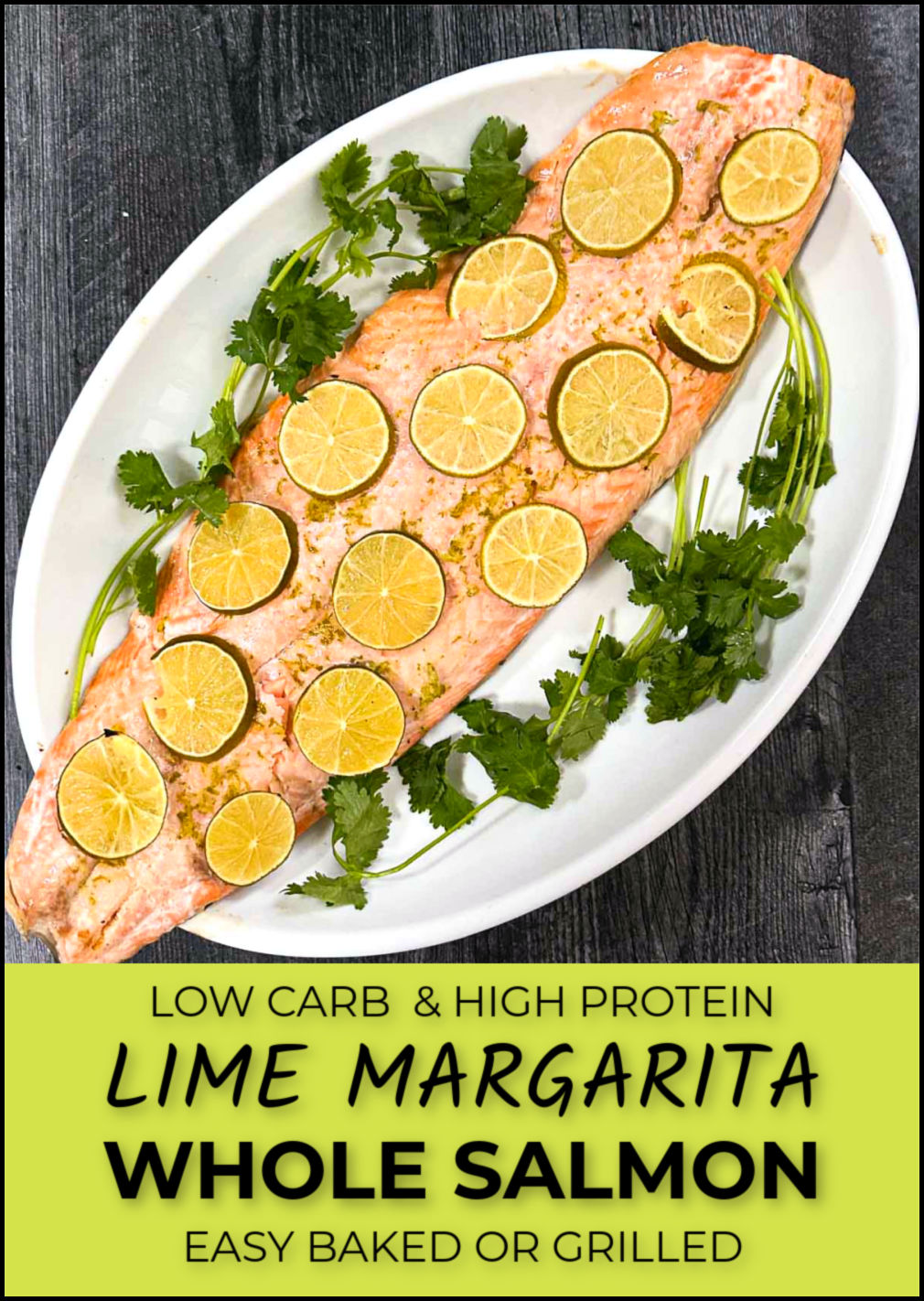White platter with margarita salmon and parsley sprigs and text overlay.