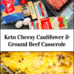 ingredients and closeup of baking dish with keto cheesy ground beef cauliflower casserole and text