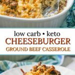 white baking dish with keto cauliflower cheeseburger casserole and text