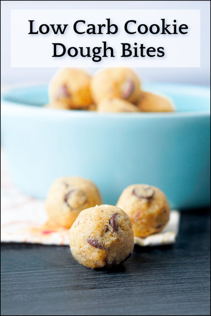 blue bowl with keto cookie dough bites and text