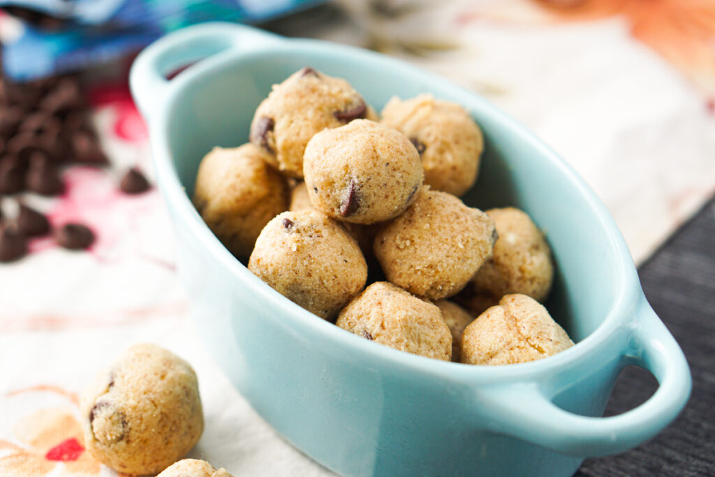 blue bowl with no bake cookie dough bites